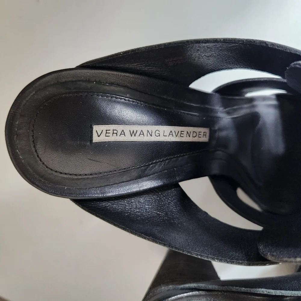 Vera Wang Lavender Black Leather Strappy Peep Toe Platform Block Heels-Size 8.5